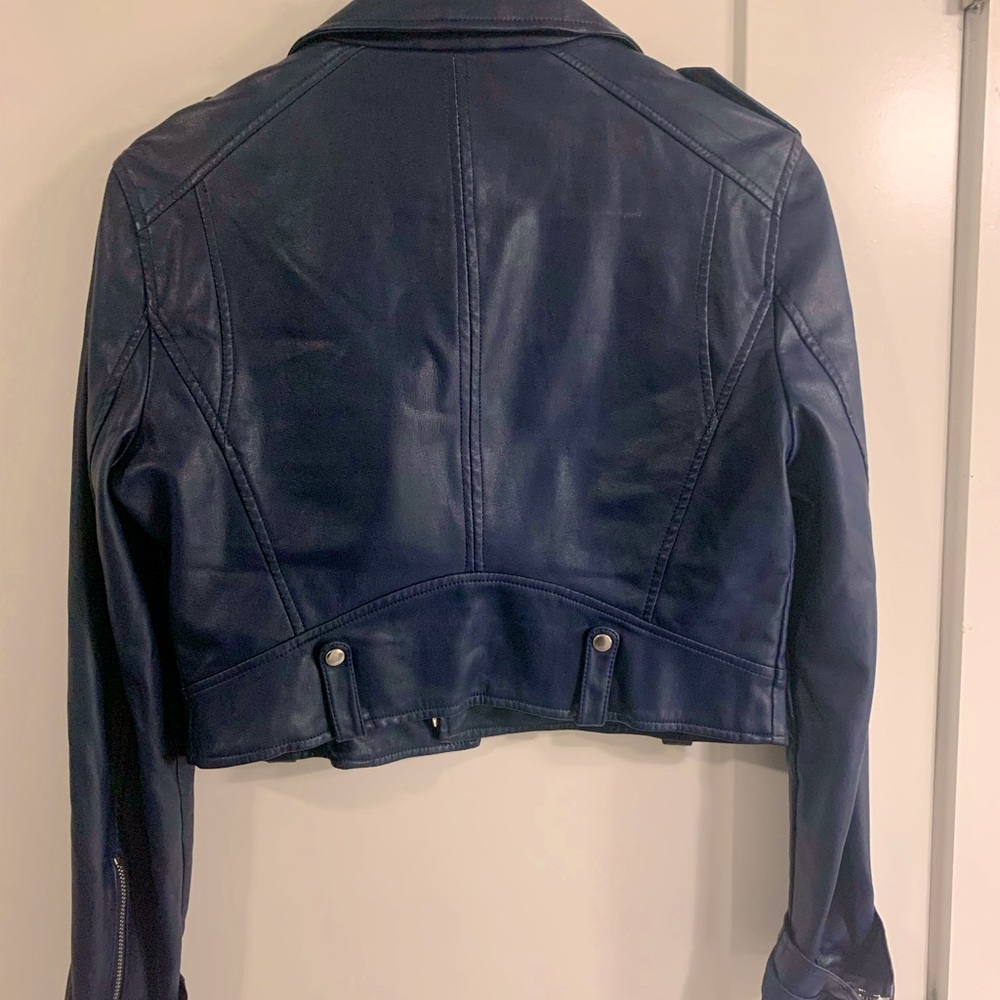 Dark blue faux cropped leather jacket size Medium.